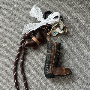 Leather Genuine Leather Cowboy Boot Keychain with Dog bag Charm - Brown & Black